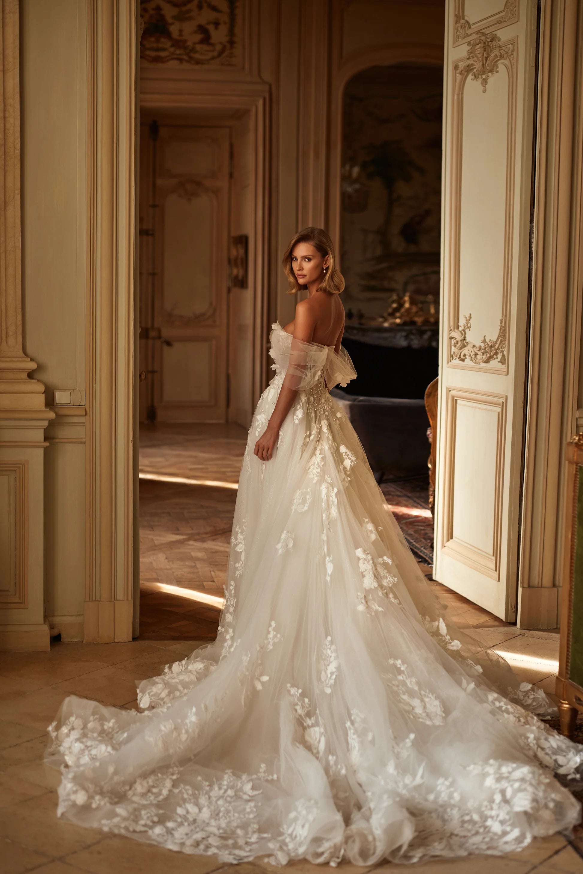 Briana Milla Nova Wedding Dress | Glitter Tulle A-Line Gown with Floral Appliqus | LVA BRIDE Briana Milla Nova Wedding Dress | Glitter Tulle A-Line Gown with Floral Appliqus | LVA BRIDE