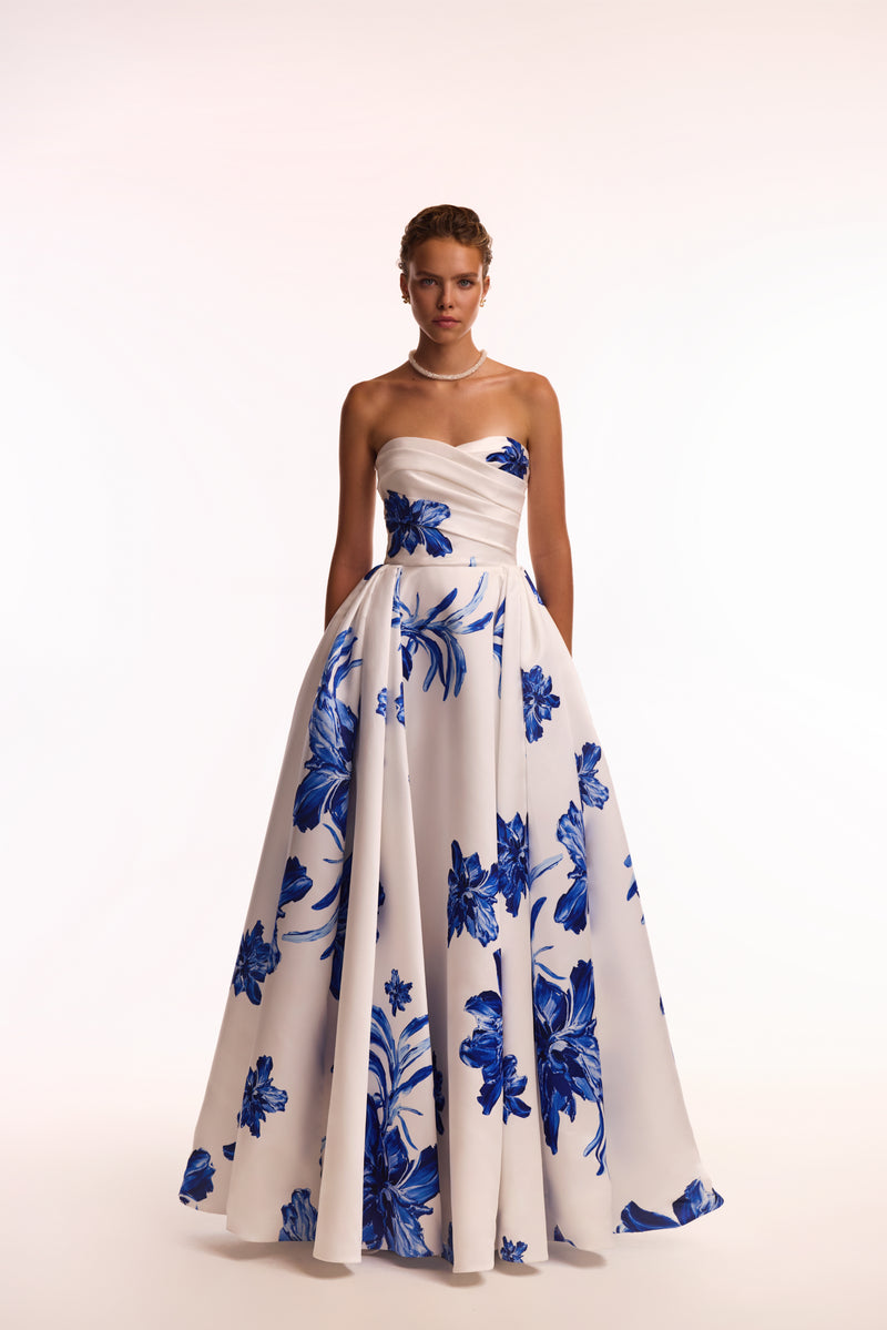 Milla Nova wedding dress Wonderful white A-line maxi dress with blue flowers, Glow-Up -  try on at LVA BRIDE (Chicago, Milwaukee)