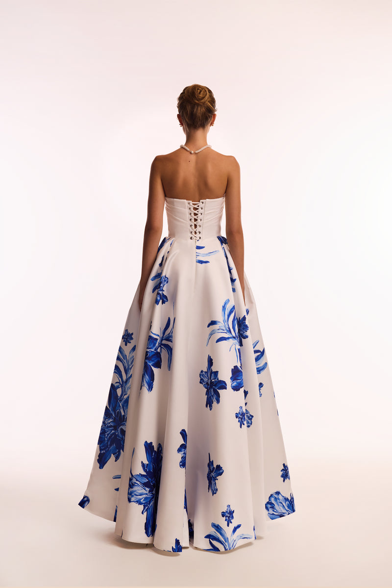 Milla Nova wedding dress Wonderful white A-line maxi dress with blue flowers, Glow-Up -  try on at LVA BRIDE (Chicago, Milwaukee)