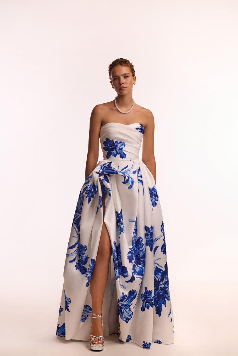 Milla Nova wedding dress Wonderful white A-line maxi dress with blue flowers, Glow-Up -  try on at LVA BRIDE (Chicago, Milwaukee)