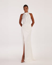 White Mock neck sleeveless low slit dress