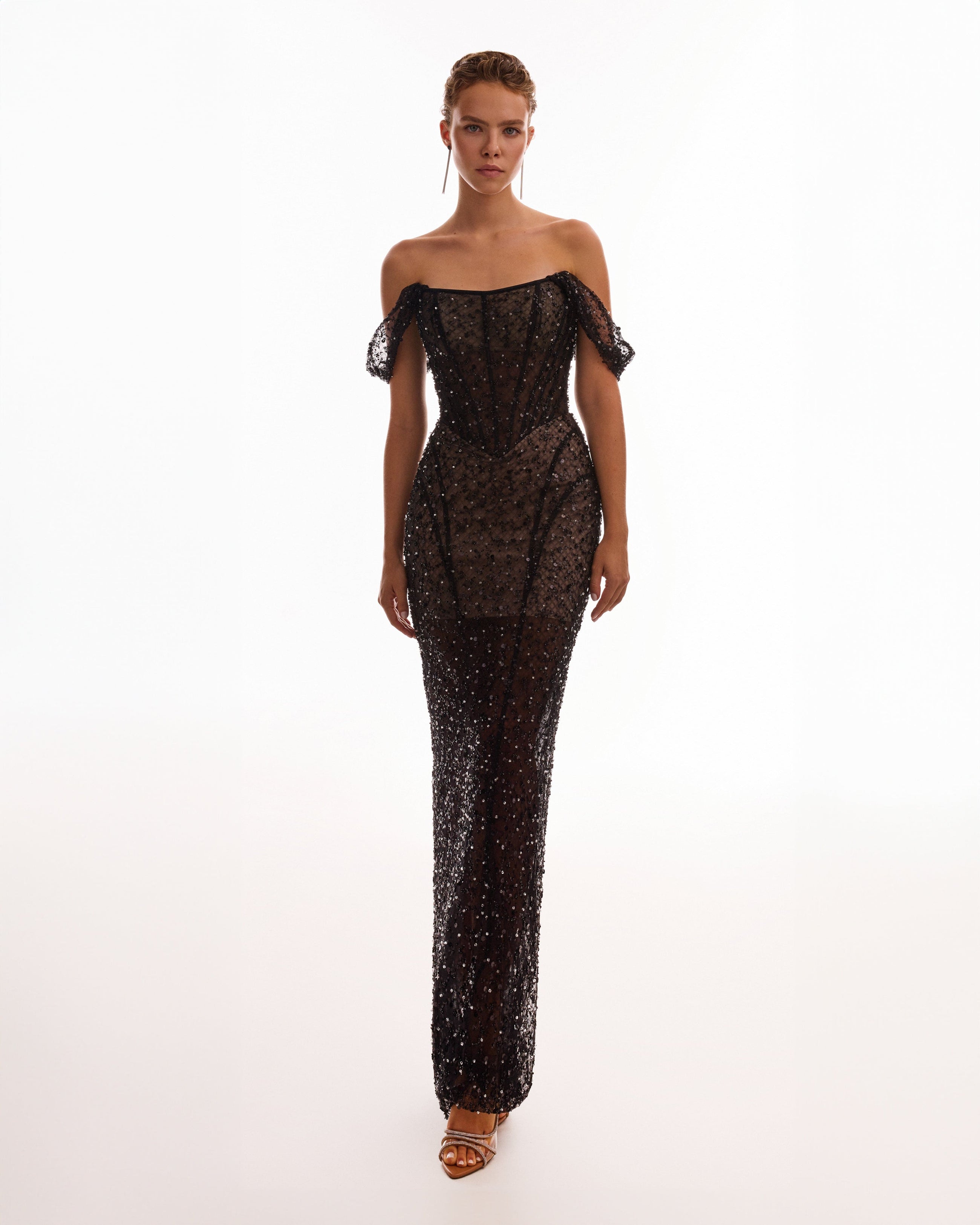 Striking black sequined fitted maxi dress, Midnight Walk