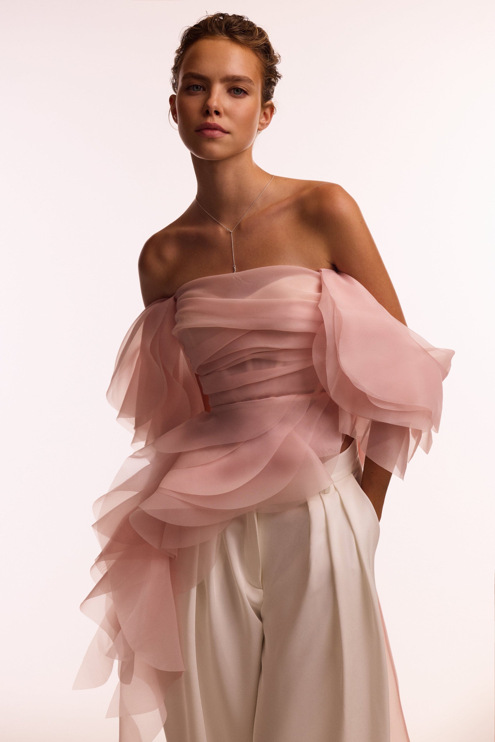 Dreamy off-shoulder blouse with meringue flounces in misty rose, Midnight Walk