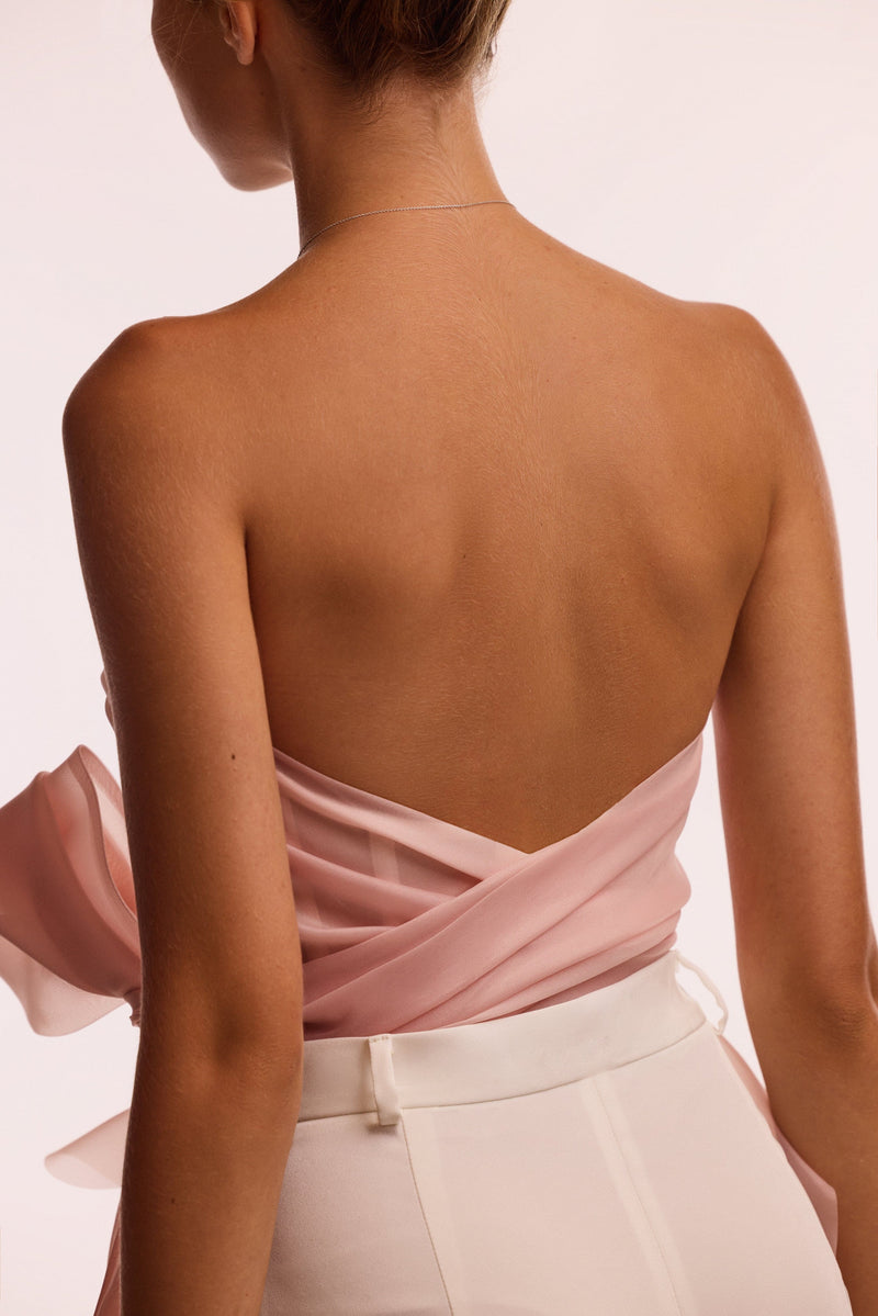 Dreamy off-shoulder blouse with meringue flounces in misty rose, Midnight Walk