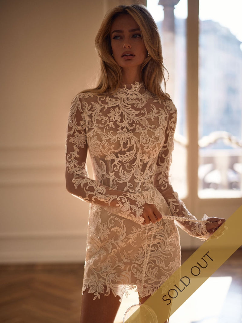 formal dress short Ladivine 9245 Elegant Embellished Tulle A-line Mini Dress Champagne / L