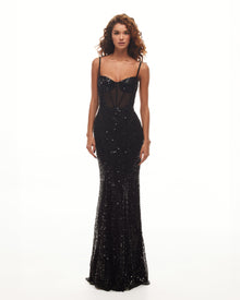 Sensational black maxi on spaghetti straps covered in sequins, Smoky Quartz