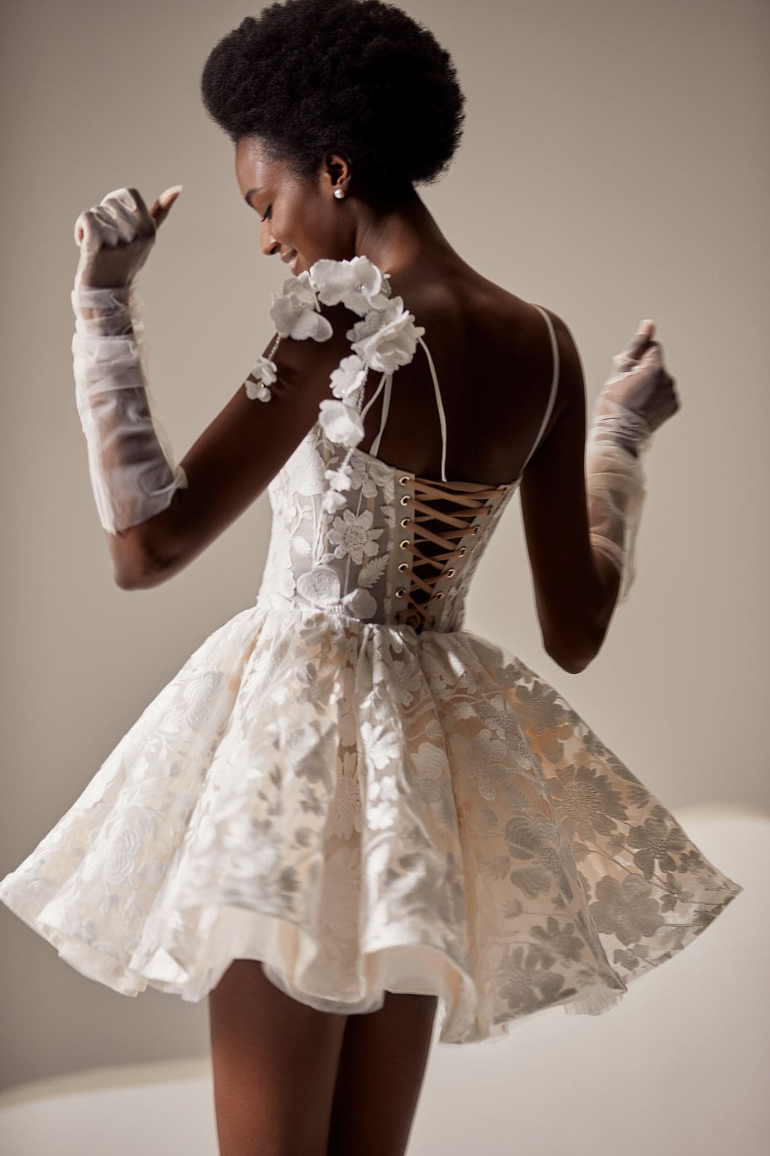 floral mini wedding dress Strapless Floral Mini Wedding Dress